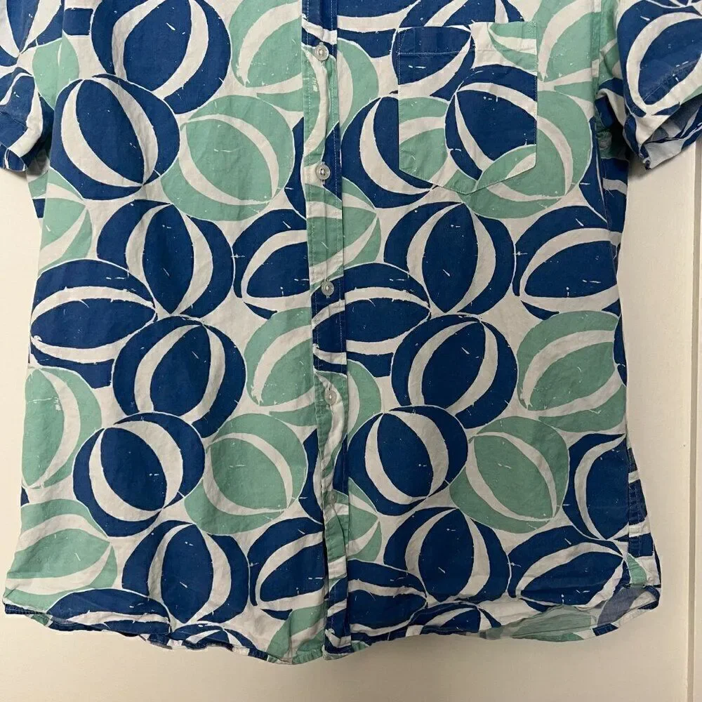 J. Crew Mens Shirt Large Blue Green Beachball Hawaiian Coastal Aloha Casual
